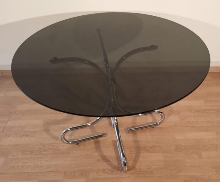 mid century italian chrome and steel coffee table with round smoked glass top 1960s 5380