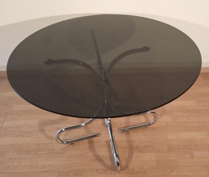 mid century italian chrome and steel coffee table with round smoked glass top 1960s 7695