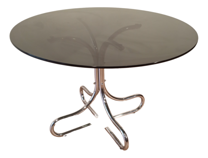 mid century italian chrome and steel coffee table with round smoked glass top 1960s 7729