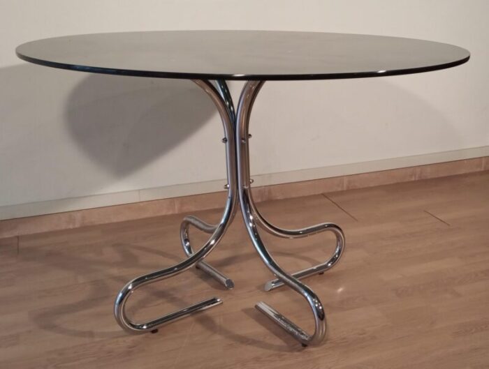 mid century italian chrome and steel coffee table with round smoked glass top 1960s 7856