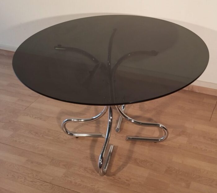 mid century italian chrome and steel coffee table with round smoked glass top 1960s 8036