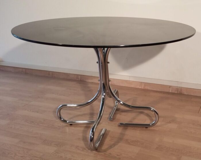 mid century italian chrome and steel coffee table with round smoked glass top 1960s 8593