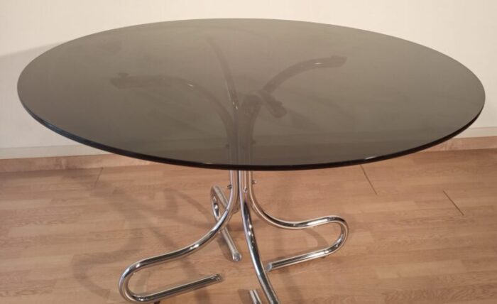 mid century italian chrome and steel coffee table with round smoked glass top 1960s 9113