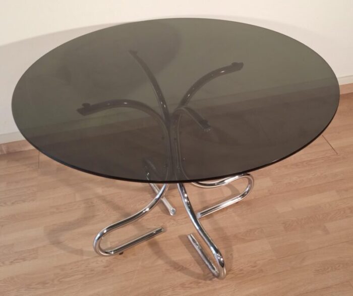 mid century italian chrome and steel coffee table with round smoked glass top 1960s 9226