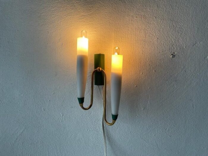 mid century italian double long opal glass green metal single sconce 1960s 2