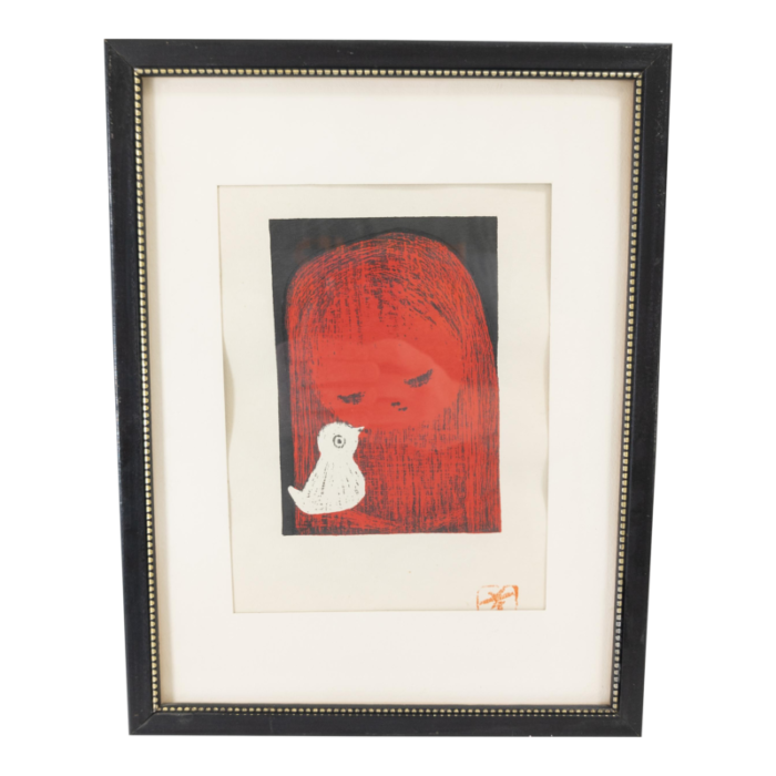 mid century japanese modern woodblock print of girl with bird by kaoru kawano 7126