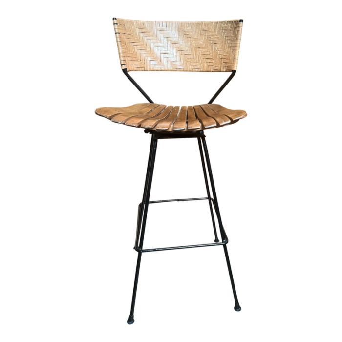 mid century modern arthur umanoff attributed swivel bar stool with woven back wood slat seat and iron frame 6182