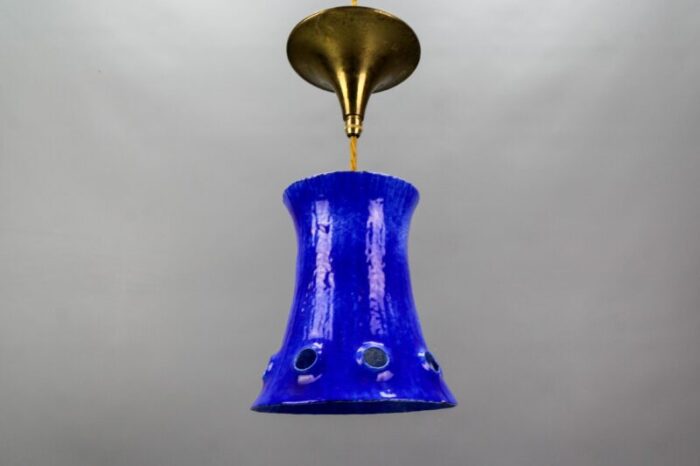 mid century modern blue enameled iron pendant light 1960s 0359