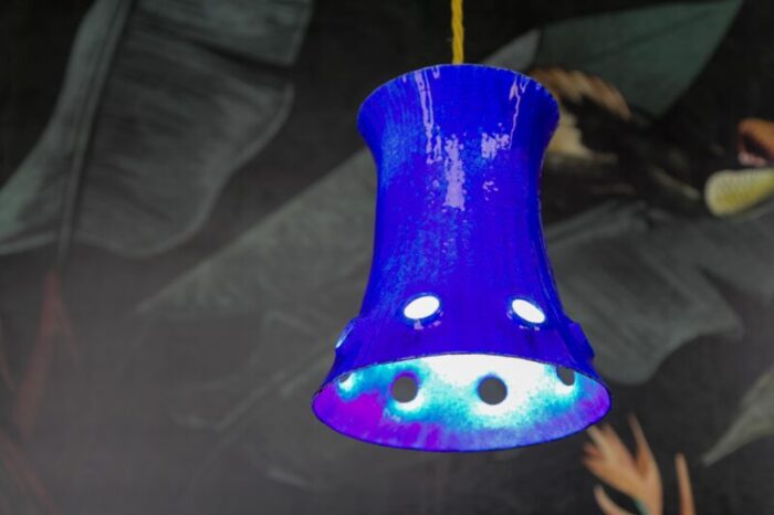 mid century modern blue enameled iron pendant light 1960s 4799