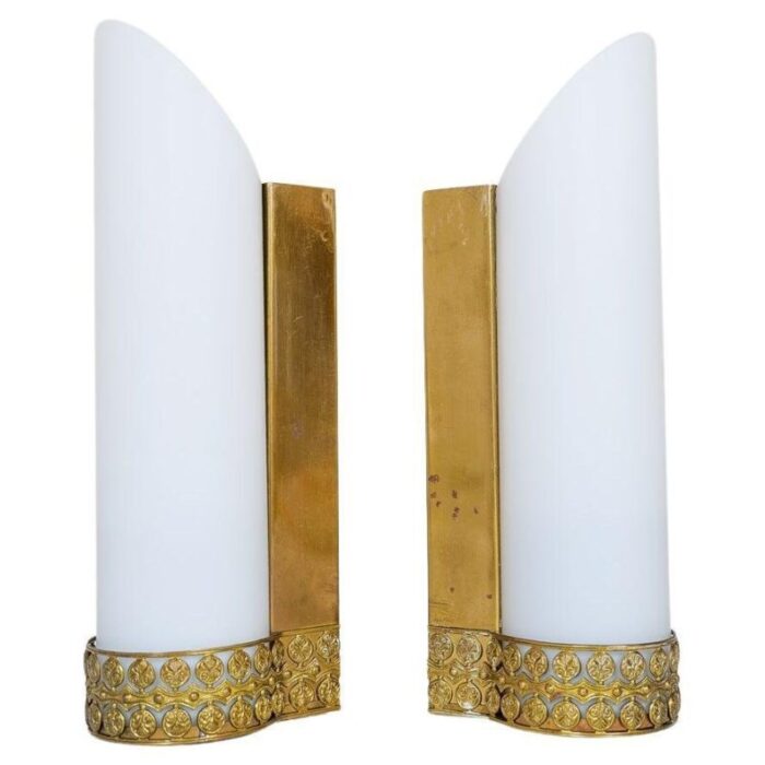 mid century modern brass and opaline wall lamps attributed to asea sweden set of 2 1