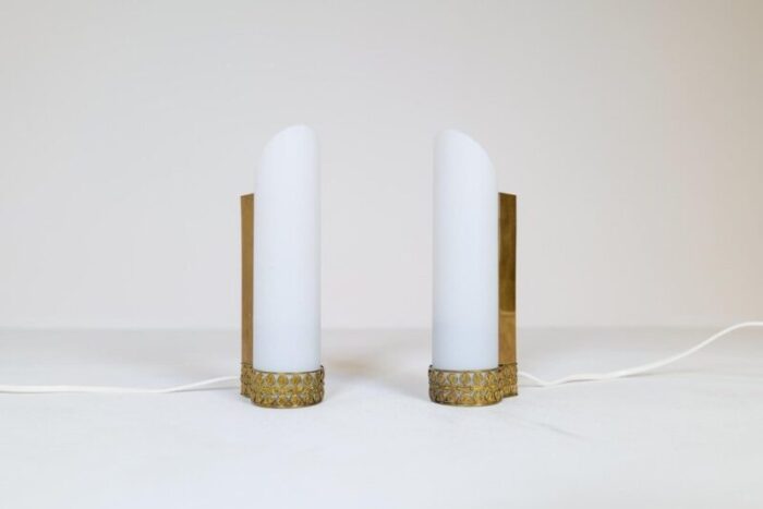 mid century modern brass and opaline wall lamps attributed to asea sweden set of 2 3