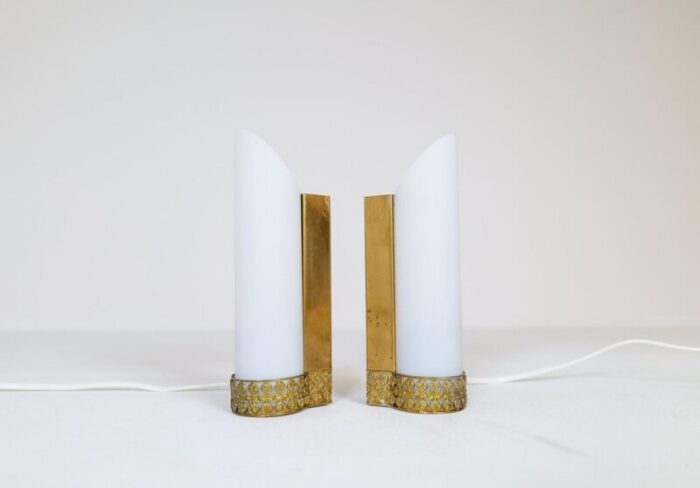 mid century modern brass and opaline wall lamps attributed to asea sweden set of 2 4