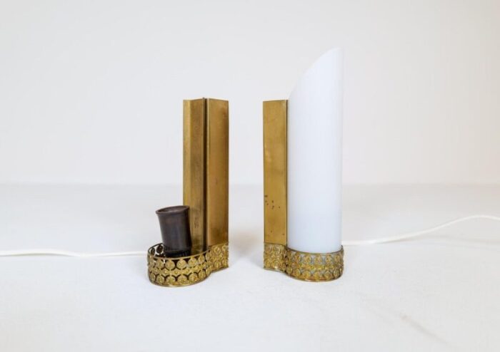 mid century modern brass and opaline wall lamps attributed to asea sweden set of 2 8