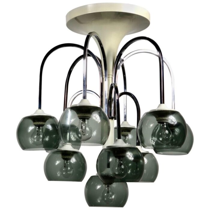 mid century modern chrome smoked glass chandelier italy 1