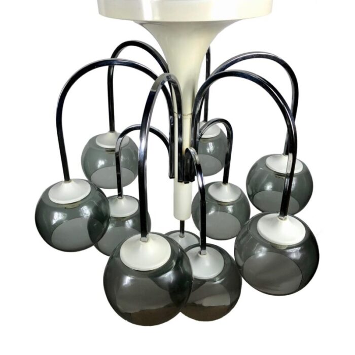 mid century modern chrome smoked glass chandelier italy 3