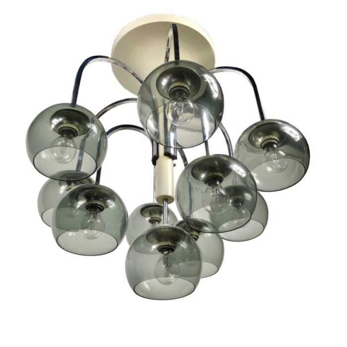 mid century modern chrome smoked glass chandelier italy 5