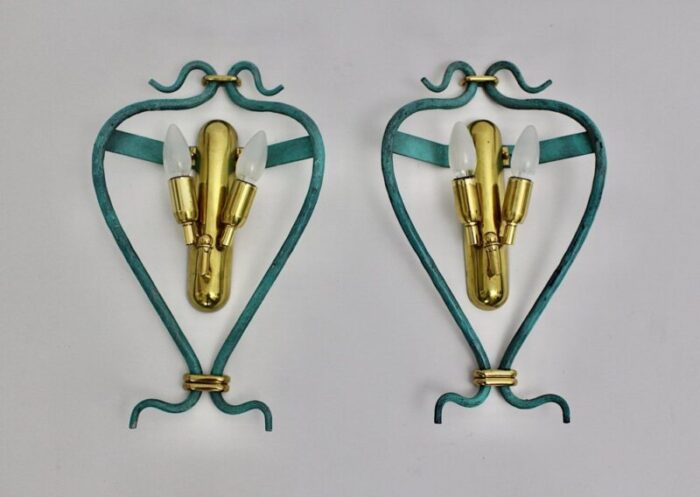 mid century modern vintage brass teal italian sconces 1960s set of 2 1