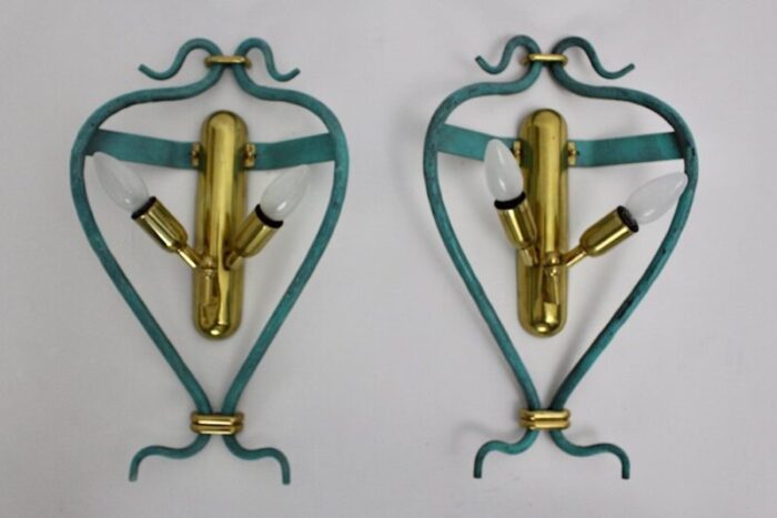 mid century modern vintage brass teal italian sconces 1960s set of 2 2