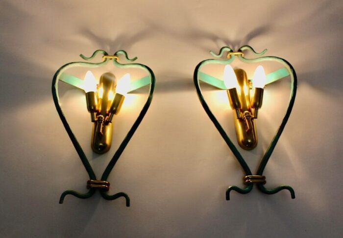 mid century modern vintage brass teal italian sconces 1960s set of 2 3