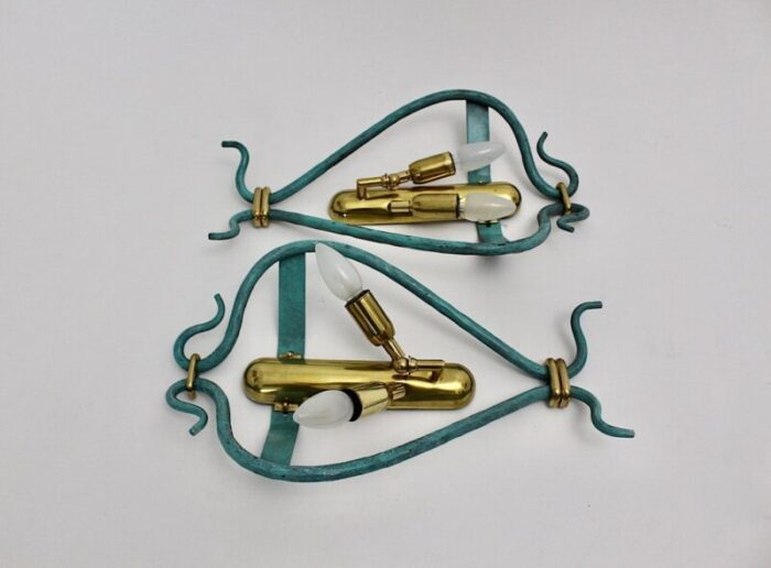 mid century modern vintage brass teal italian sconces 1960s set of 2 4