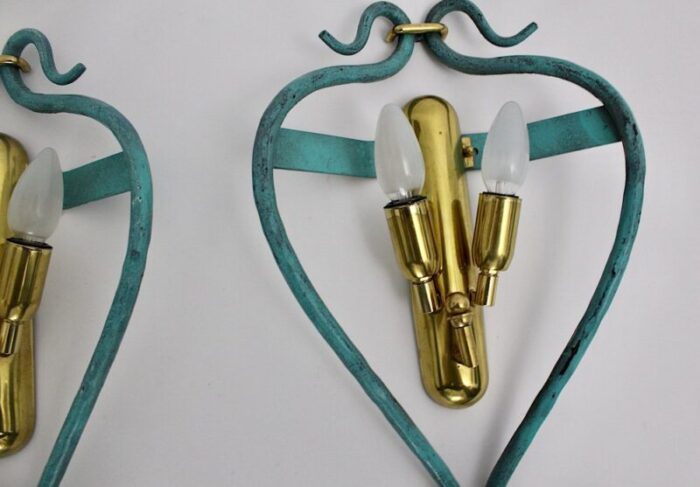 mid century modern vintage brass teal italian sconces 1960s set of 2 7