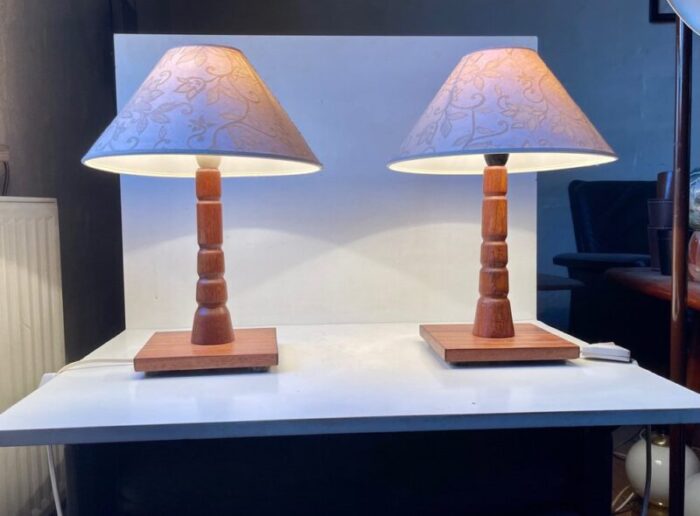 mid century scandinavian table lamps in teak 1960s set of 2 3