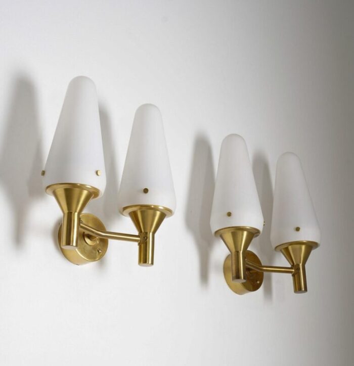 mid century swedish wall lights in brass and glass set of 2 2