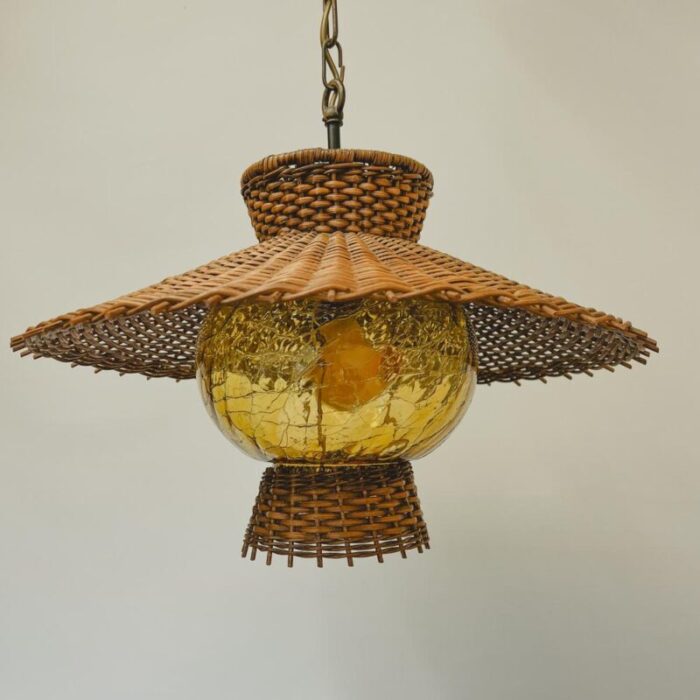 mid century woven rattan wicker pendant lamp germany 1960s 0198