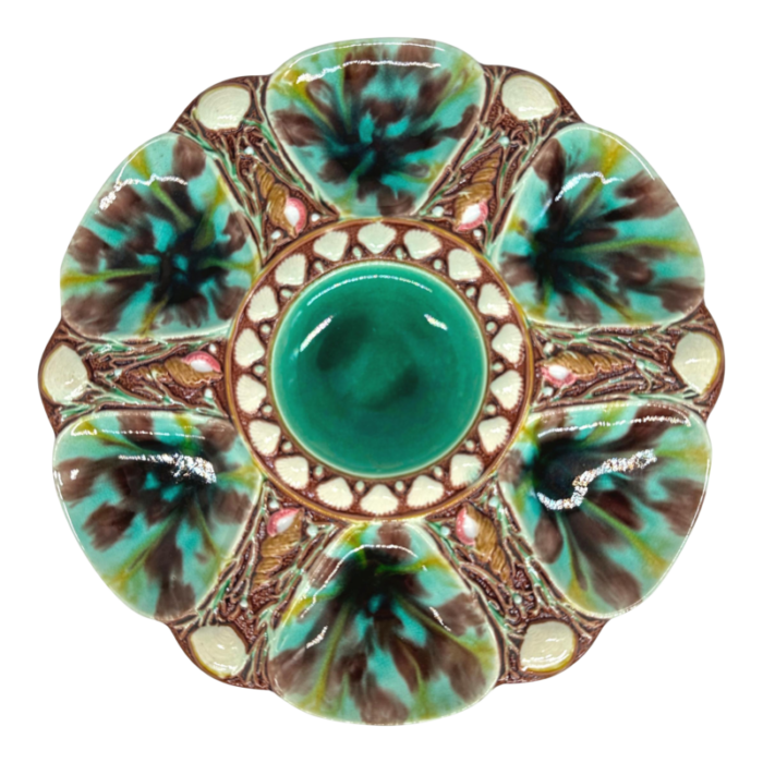 minton majolica oyster plate mottled leopard spots english dated 1870 2256