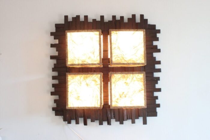 modern tropical wall lamp in wood and fabric 1970s 2