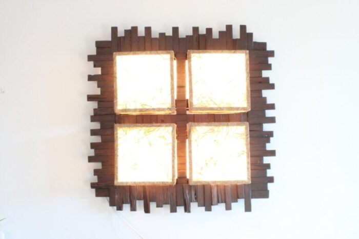 modern tropical wall lamp in wood and fabric 1970s 5