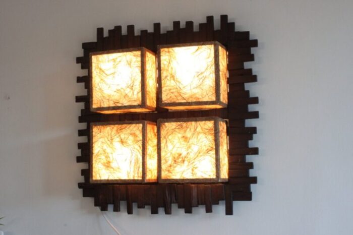 modern tropical wall lamp in wood and fabric 1970s 6