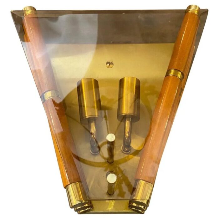 modernist italian glass wall sconce in wood and brass 1980s 1