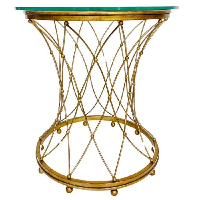 neoclassical round gilt metal side tables with glass tops a pair 1989