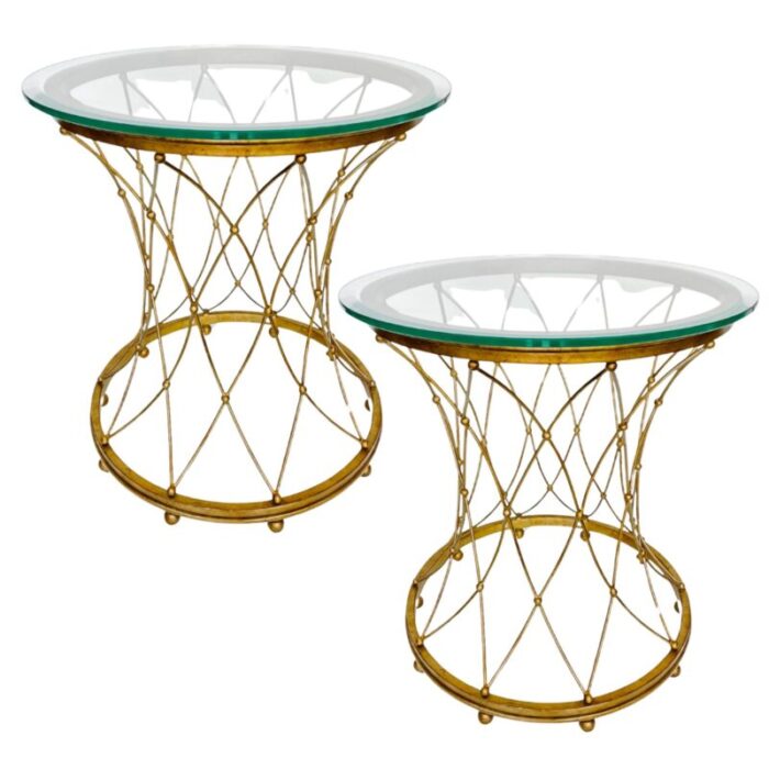 neoclassical round gilt metal side tables with glass tops a pair 3492