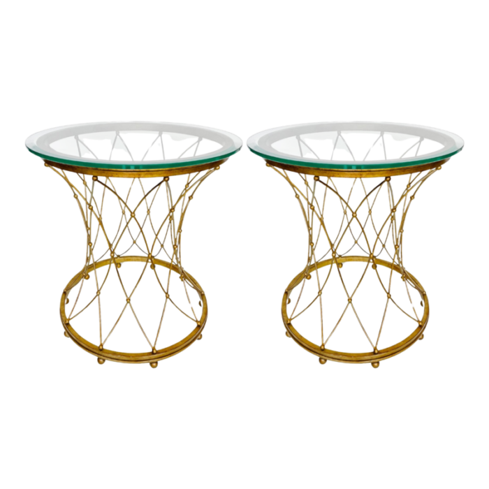 neoclassical round gilt metal side tables with glass tops a pair 5205