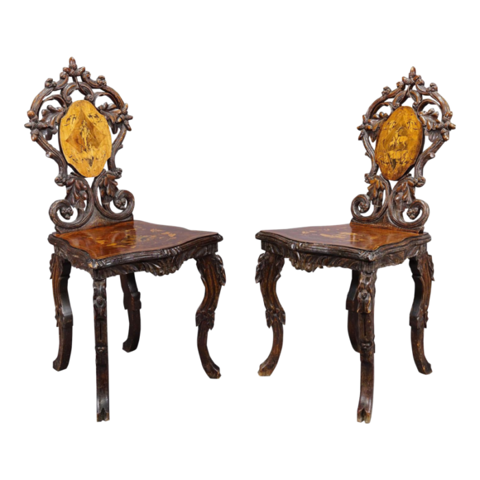 pair nutwood edelweis marquetry chairs swiss brienz 1900 0464