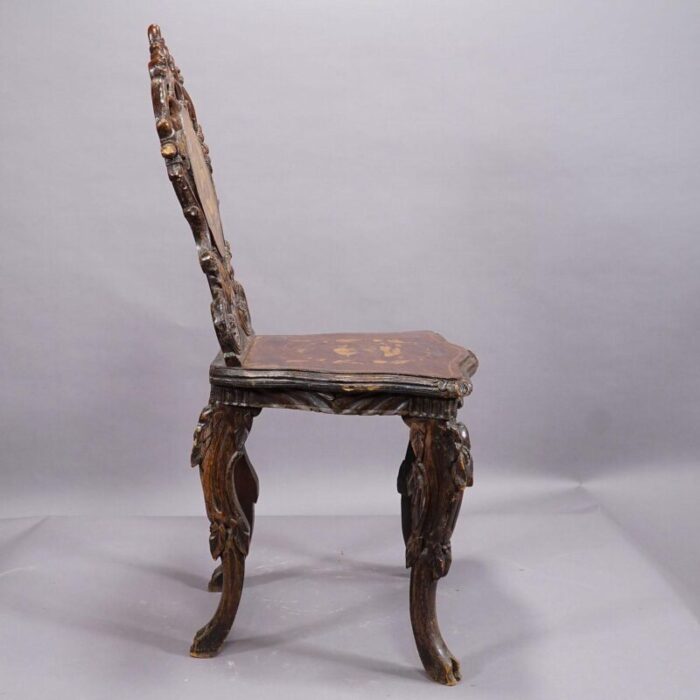 pair nutwood edelweis marquetry chairs swiss brienz 1900 7291