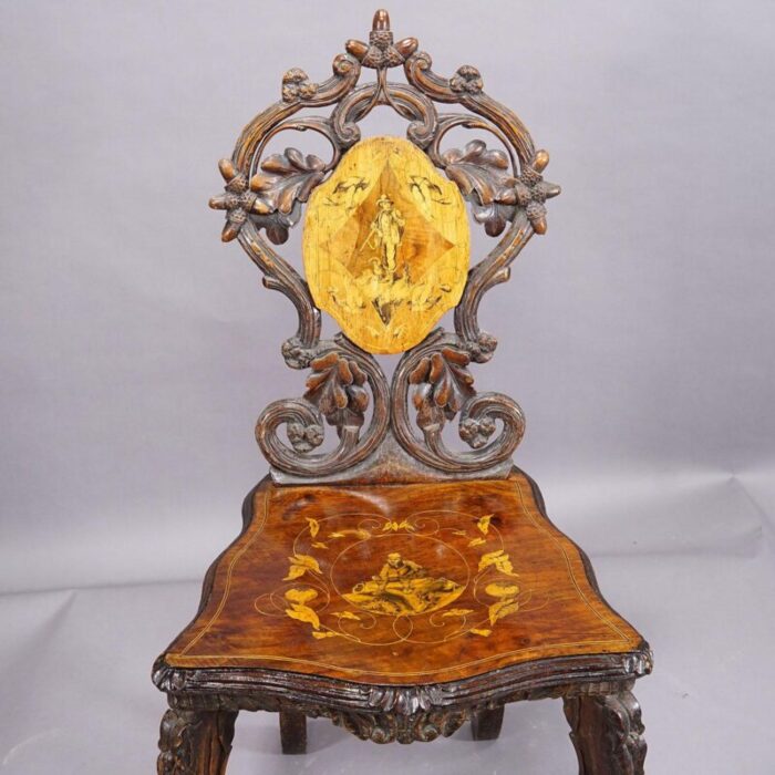 pair nutwood edelweis marquetry chairs swiss brienz 1900 8485