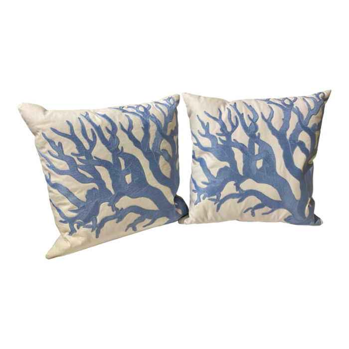 pair of blue coral stitched pillows 5534