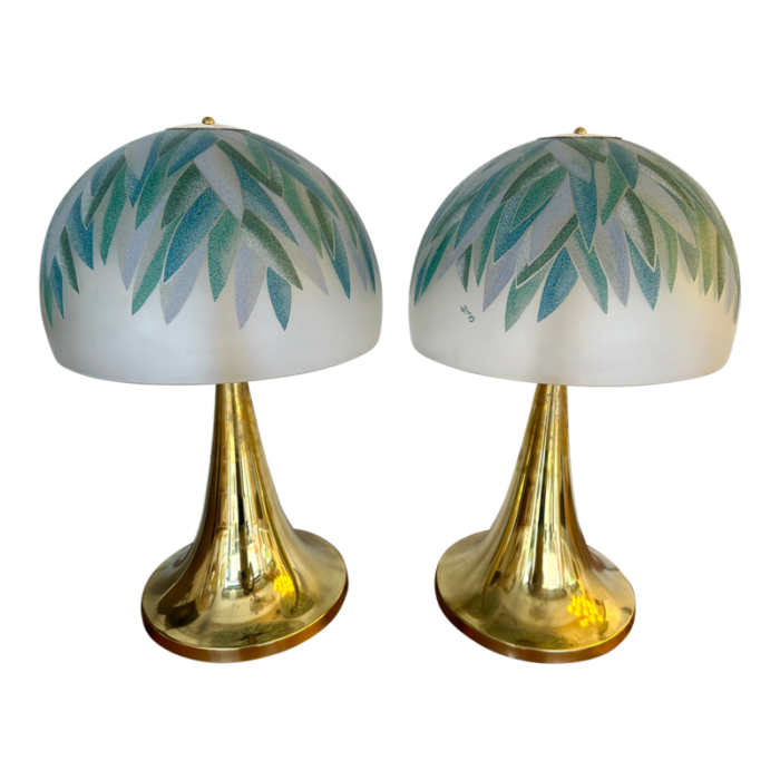 pair of brass and murano glass palm tree shades lamps by ghisetti italy 8214