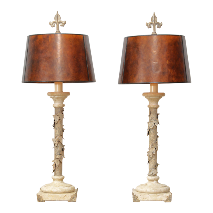 pair of florida mizner style marble and painted spiraling ivy garland column lamps original shades 7459