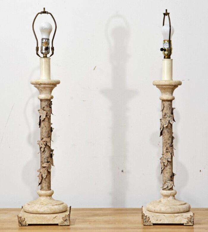 pair of florida mizner style marble and painted spiraling ivy garland column lamps original shades 8770