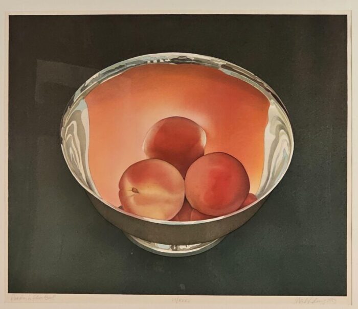 peaches in silver bowl by mark adams usa 1993 1372