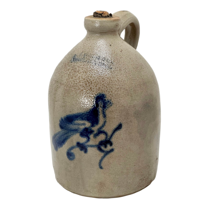 rare small 1 gallon size antique blue bird decorated american stoneware spirits jug by norton in worcester massachusetts 4372