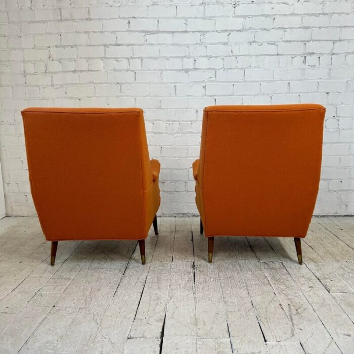 reupholstered pair of orange mid century modern lounge chairs 2402