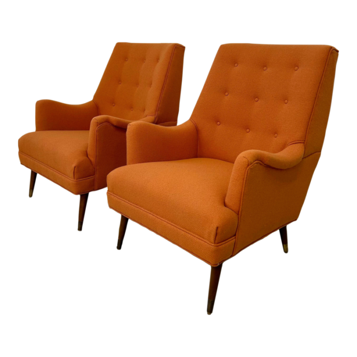 reupholstered pair of orange mid century modern lounge chairs 4827