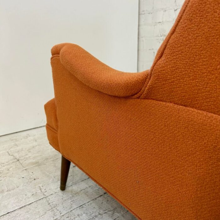 reupholstered pair of orange mid century modern lounge chairs 7853