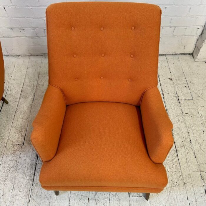 reupholstered pair of orange mid century modern lounge chairs 8390