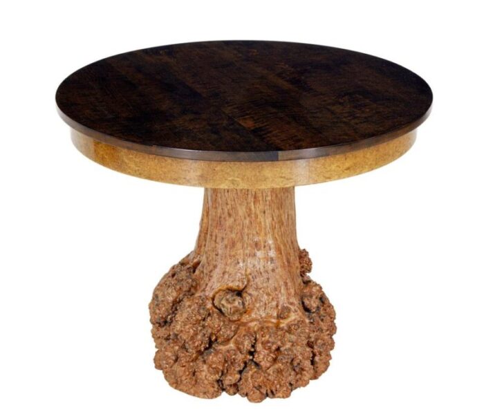 scandinavian circular occasional table with burr root base 1930s 7043